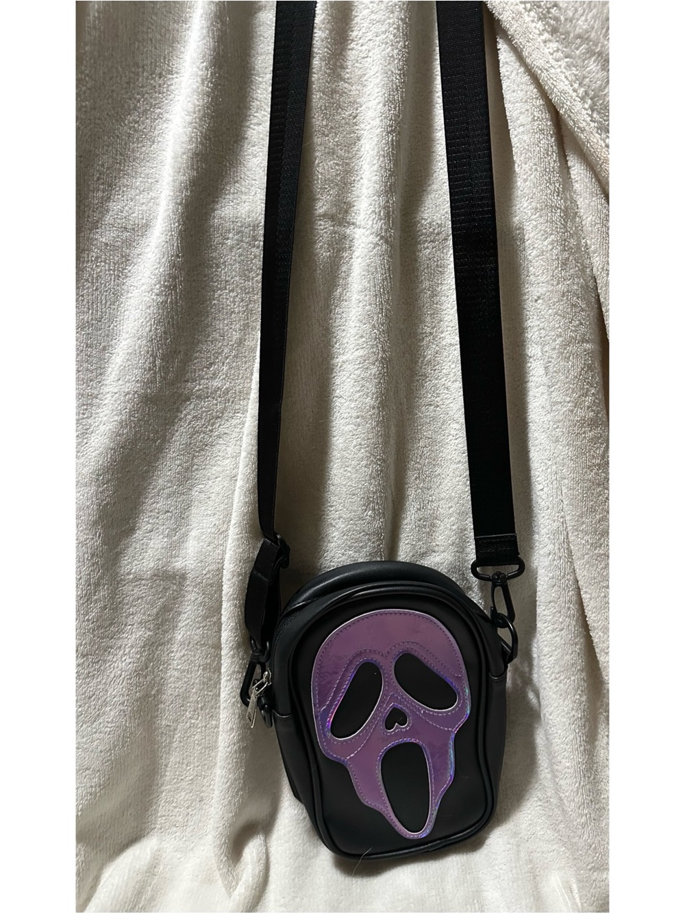 Black Crossbody Bag with Purple Ghostface Accent